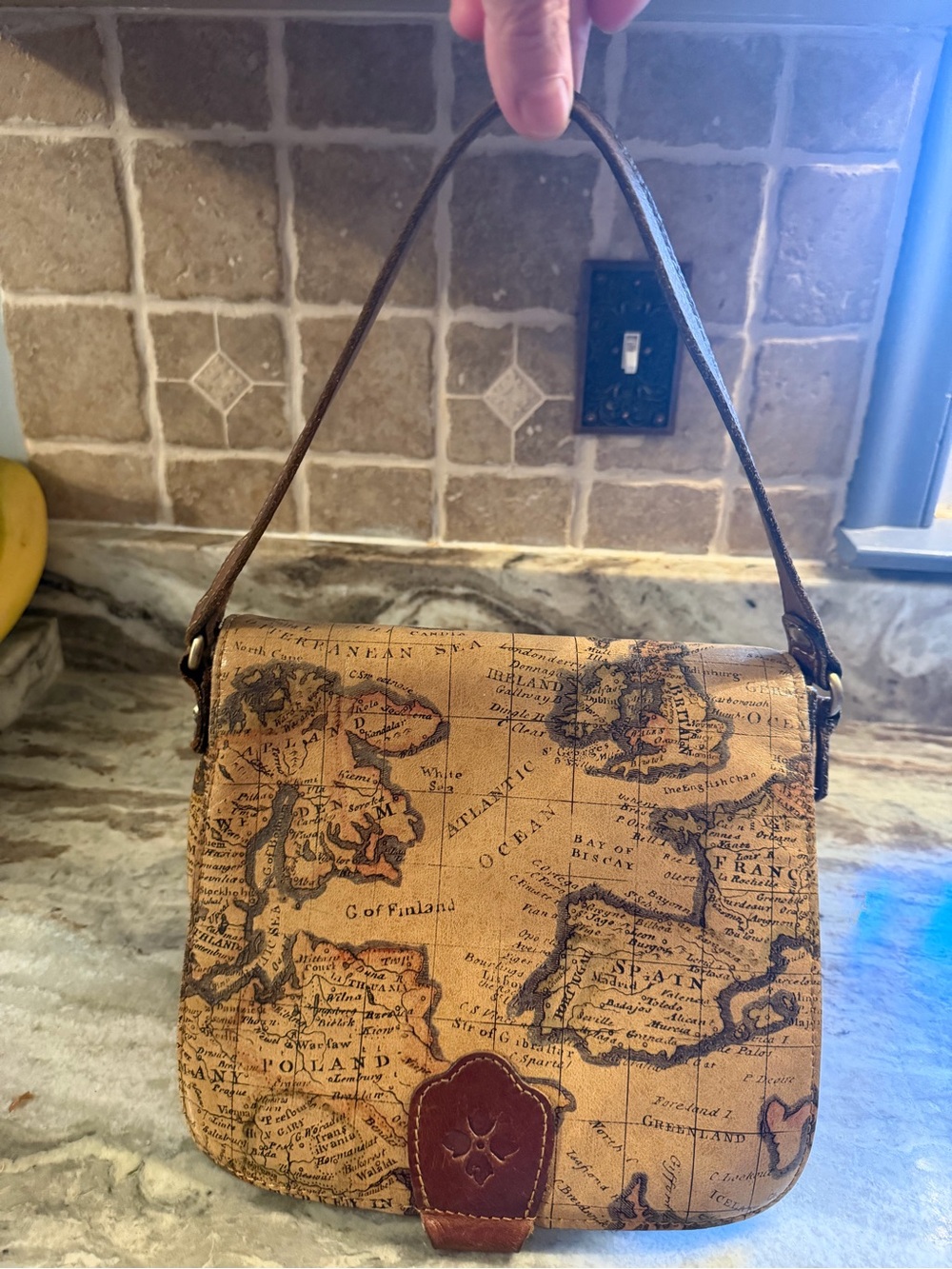 Patricia Nash Old European map print Shoulder Bag with Brown Leather Trim